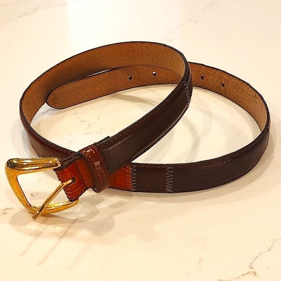 Leather Patchwork Reptile and Croc Embossed Belt Goldtone Buckle Size M - Picture 1 of 13